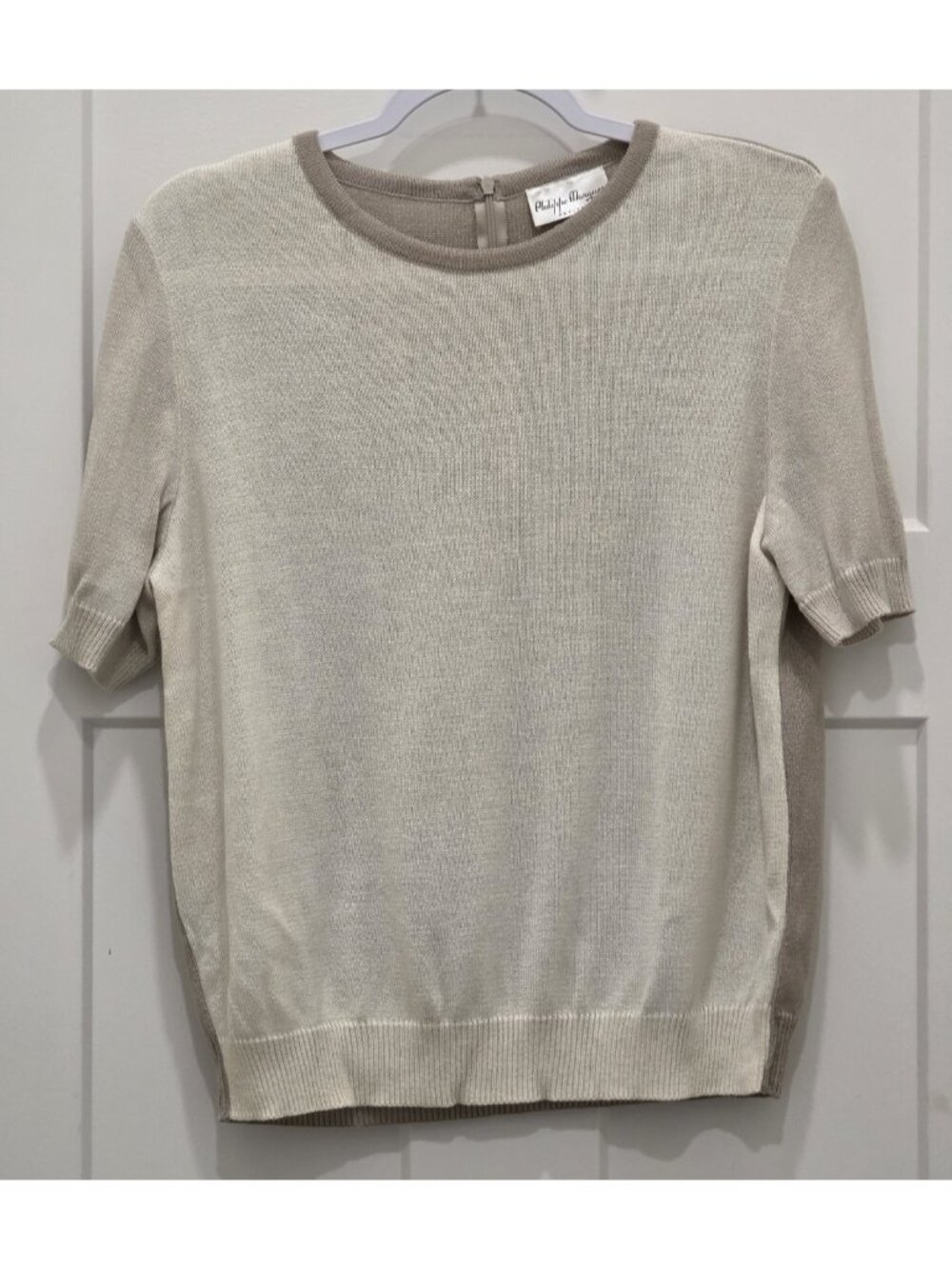 Vtg Philippe Marques Beige Split-Color Classic Crew Neck Sweater Top SS Size 10P